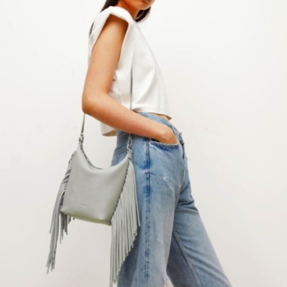 AllSaints Evaline Tassel Fringe Bag Sequoia Grey Silver NWT Chain